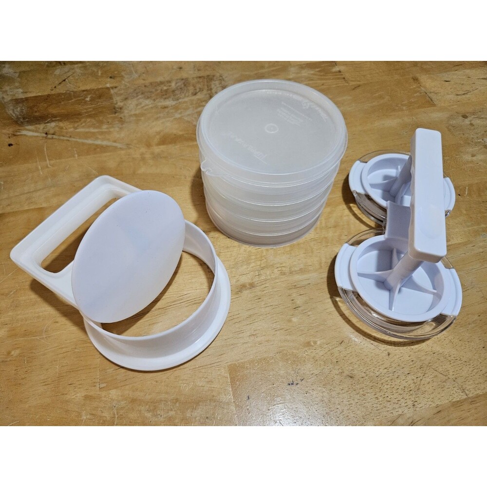 Set of 4 Vintage Tupperware Hamburger Keepers #882 W/ Lid, Press & Slider Press